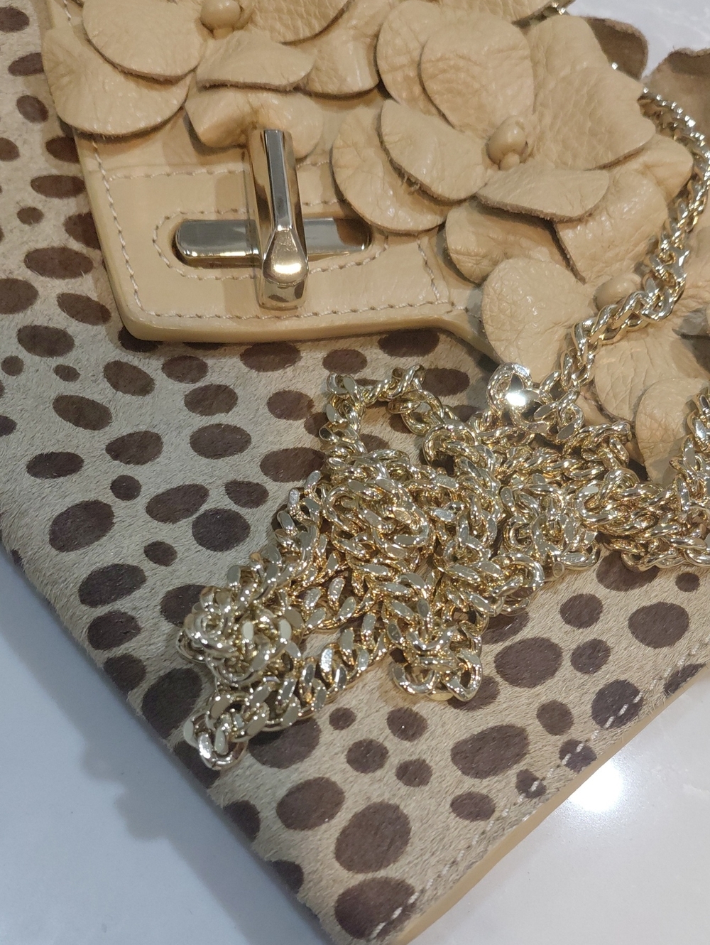 Floral Applique Calf Hair Leopard-Print Crossbody Bag in Beige - Picture 12 of 14